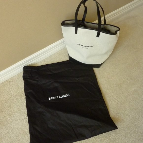 SAINT LAURENT 'Teddy' Medium Canvas/Leather Drawstring Shopping Tote Bag (NEW) - Picture 2 of 15